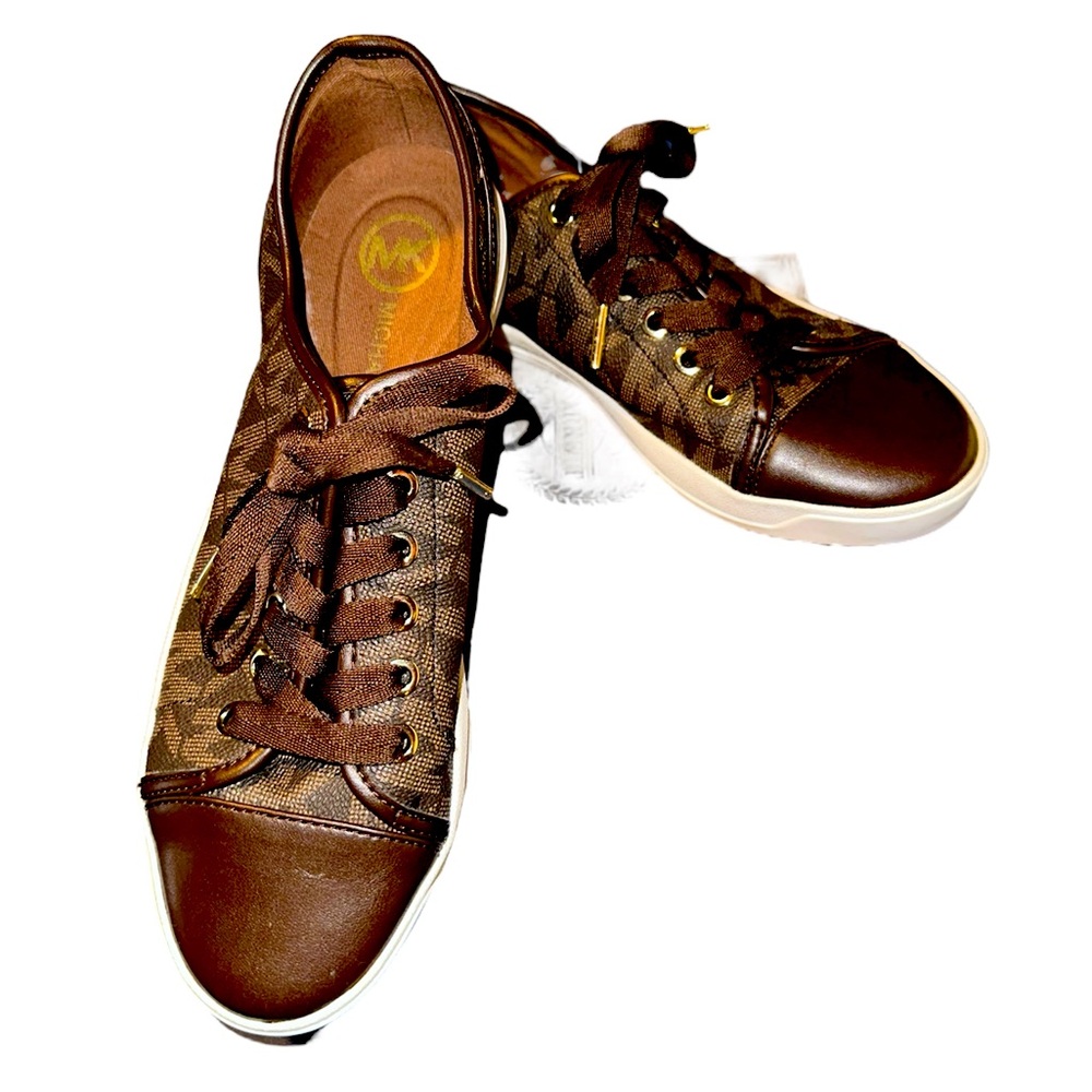 Michael Kors Size 8.5 Womens Monogram Lace Up City Sneakers Brown and Gold